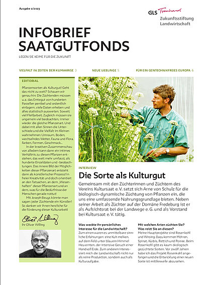 Das Foto auf der ersten Seite des Infobrief Saatgutfonds zeigt Kultursaat-Züchter Arne von Schulz mit blühenden Möhren.