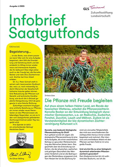 Das Foto auf der Titelseite des Infobrief Saatgutfonds zeigt Kultursaat-Züchterin K. Becker mit selektierten Lauch-Elitepflanzen.
