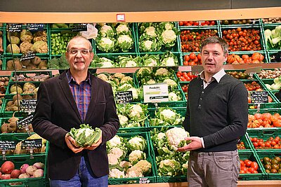 Roland Majerus (li.) und Sigmund Walbaum präsentieren die Blumenkohlköpfe der Sorte Nuage.